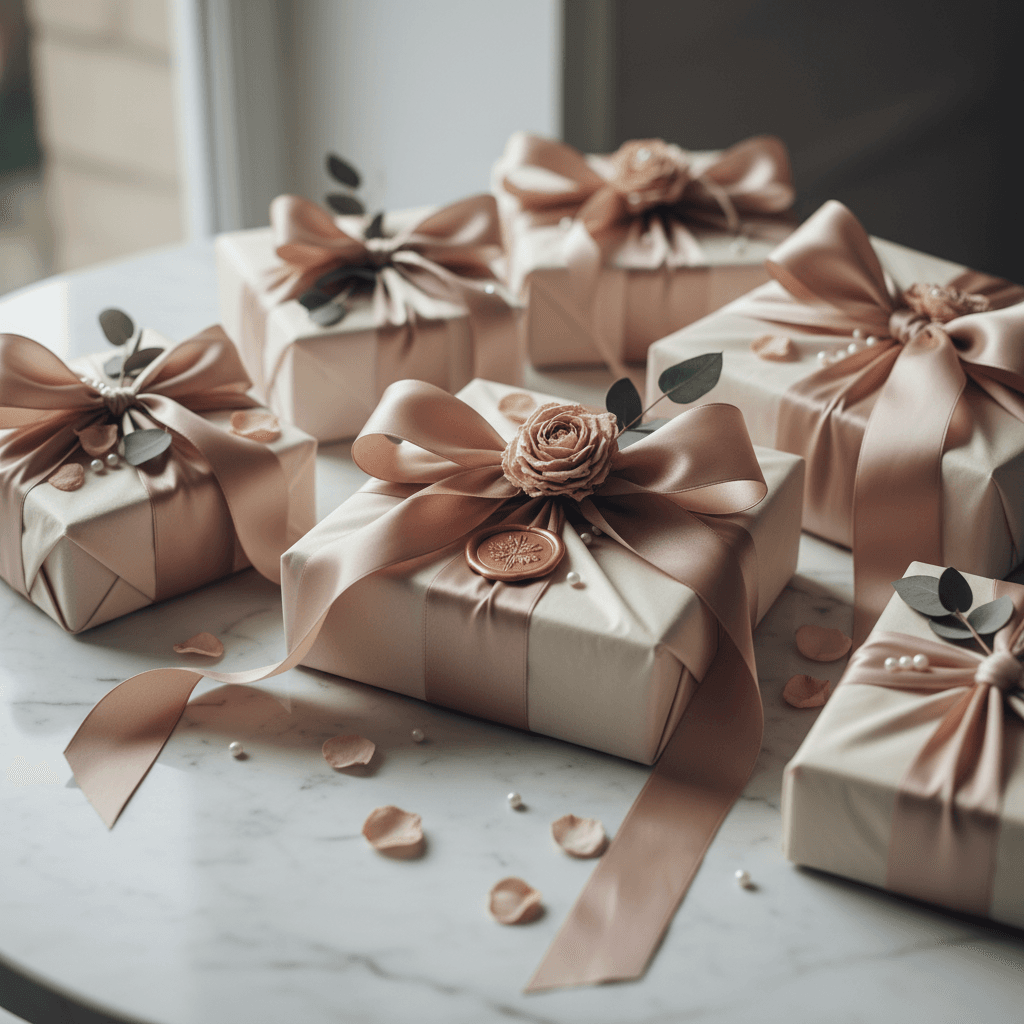 Tied gift bundles of spices, oils, and creams in cream wrapping with a slim gold ribbon on emerald velvet, elegant holiday still life