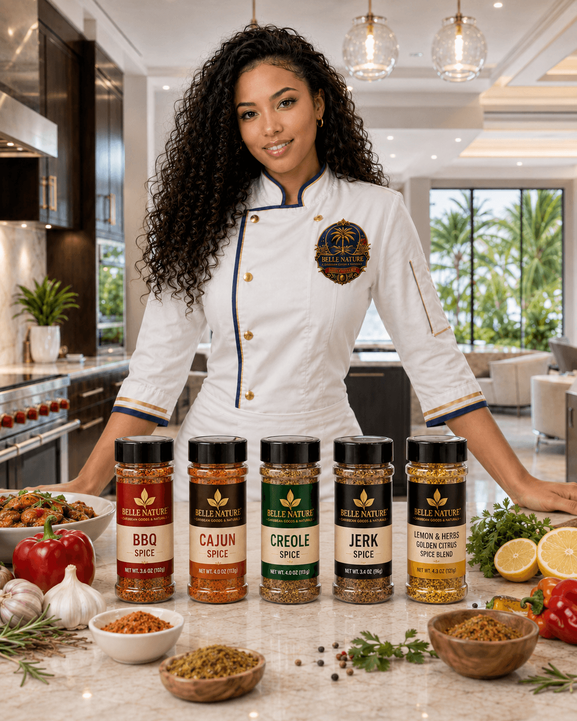 Smiling female chef in white uniform behind five jars of Belle Nature spices and ingredients.